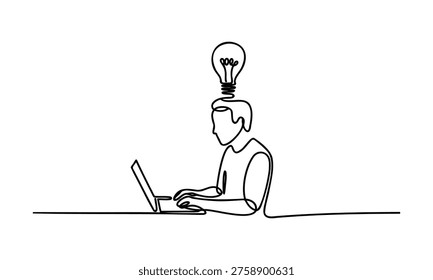 Continuous line drawing of a man with a light bulb on his head working on a laptop computer