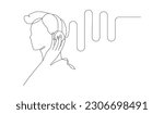 continuous line drawing of man listening music in headphones wuth sound wave.
