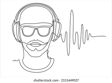 continuous line drawing of man listening music in headphones wuth sound wave. Can used for logo, emblem, slide show and banner.