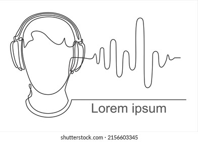 continuous line drawing of man listening music in headphones wuth sound wave. Can used for logo, emblem, slide show and banner.