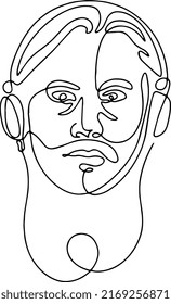 Dibujo continuo en línea de un hombre escuchando música con auriculares. Ilustración vectorial.