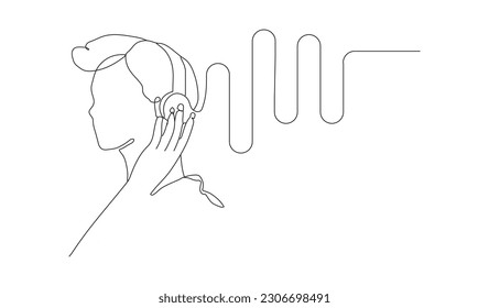 dibujo de línea continua del hombre escuchando música en auriculares con ondas sonoras.