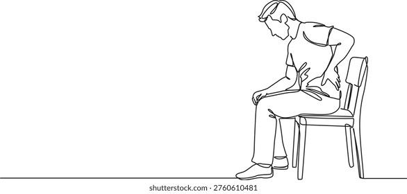 continuous line drawing of man with lower back pain sitting on chair, side view, line art vector illustration