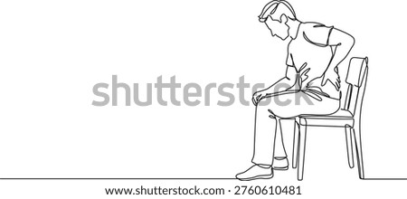 continuous line drawing of man with lower back pain sitting on chair, side view, line art vector illustration