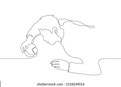 continuous line drawing of a man lying on his stomach with an alarm clock in his hand. The concept of fatigue, lack of sleep, poor organization of time. It can be used for animation. Vector