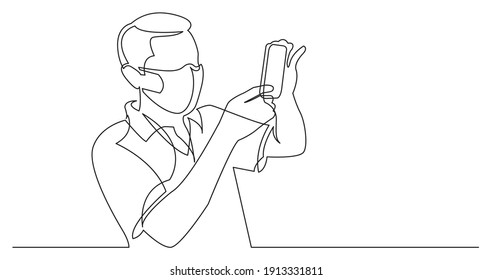 continuous line drawing of man making photo with smartphone wearing face mask