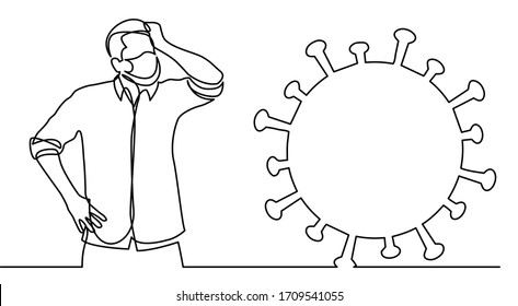 continuous line drawing of man in mask  worrying about coronavirus threat