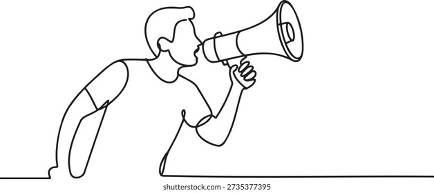 Continuous line drawing of man with megaphone. One line art of person making announcement. Public speaker or protestor communicating message. Vector illustration of communication and advocacy, minimalist design. Simple drawing of individual shouting. Loudspeaker user, single line art drawing on transparent background.