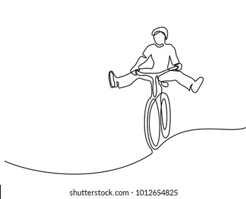 Continuous line drawing. Man on a bicycle have fun. Drawn by hand. Icon, vector illustration, picture, tattoo