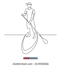 Continuous line drawing of Man on puddleboard. SUP boarding. Template for your design works. Vector illustration.