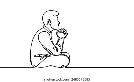 Continuous line drawing is man on his sitting and praying