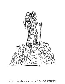 Dibujo de línea continuo de un hombre en la cima del concepto minimalista de montaña para el turismo de montaña. Escalar montañas. El concepto de turismo de montaña y viajes. Ilustración vectorial.