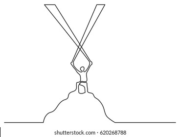 continuous line drawing of man on mountain with lights
