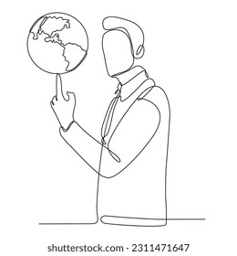 Continuous line drawing of man drawing one single line holding globe.