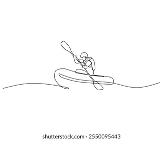 continuous line drawing of a man paddling a kayak. The minimalist design ideal for sports and recreation and outdoor activities themes