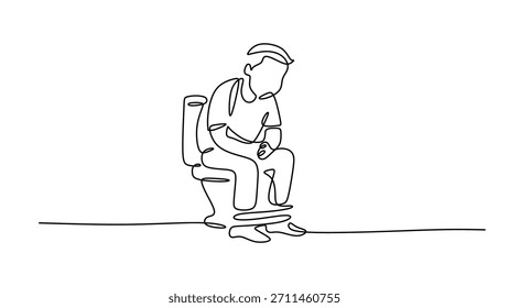Continuous line drawing of a man in pain on a toilet, a symbol for diarrhea or constipation illness. Vector illustration concept of abdominal health problems and discomfort.
