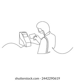 dibujo continuo de una línea de un hombre pagando con una tarjeta de crédito. Concepto de pago sin contacto