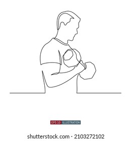 Continuous line drawing of The man performs an exercise with a dumbbell. Athlete trains. Template for your design. Vector illustration.