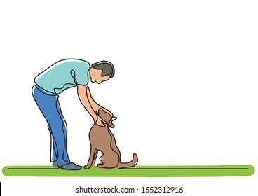 continuous line drawing of man petting dog