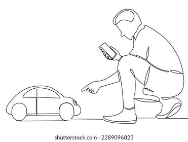 continuous line drawing of man photographing a car