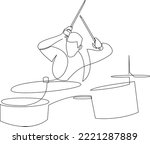 Continuous line drawing of a man playing drum raising drumsticks up. A drummer person one line art. Vector illustration.