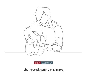 Continuous line drawing of man playing guitar. Template for your design works. Vector illustration.