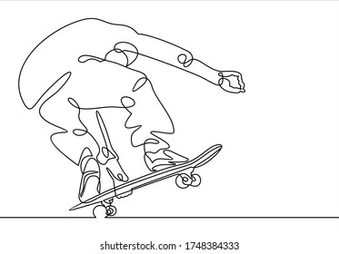 Continuous line, drawing of a man playing a skateboarding competition challenging sport. 