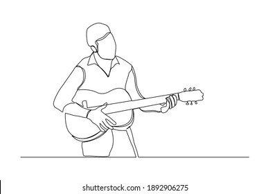 Continuous line drawing of a man playing guitar. Single one line art of musician guitarist vector illustration.