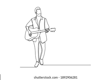 Continuous line drawing of a man playing guitar. Single one line art of musician guitarist vector illustration.