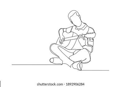 Continuous line drawing of a man playing guitar. Single one line art of musician guitarist vector illustration.