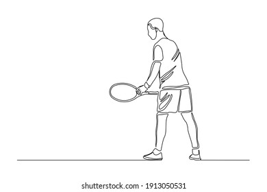 Dibujo continuo de un hombre jugando un torneo de tenis. Arte de una sola línea de deporte y estilo de vida saludable. Ilustración del vector