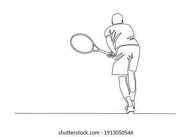 Continuous line drawing of man playing tennis tournament. Single one line art of Sport and healthy lifestyle. Vector illustration