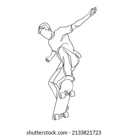 Dibujo continuo de un hombre jugando al patinaje. Dibujo de una línea del jugador de juegos de sketboard