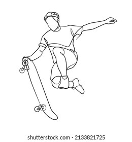 Continuous line drawing of man playing skateboard. Skateboard game player one line drawing