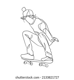Continuous line drawing of man playing skateboard. Skateboard game player one line drawing
