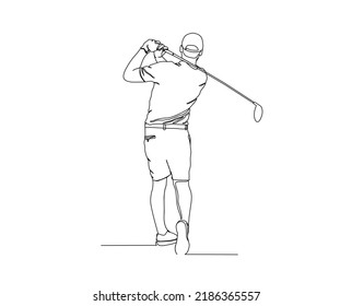 Continuous line drawing of man playing golf. Single one line art concept of professional golf player holding stick to hit ball.