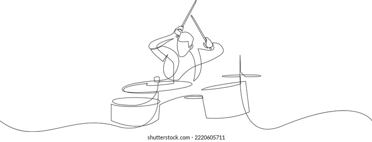 Continuous line drawing of a man playing drum isolated on white background. A drummer person one line art. Vector illustration.