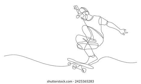 Continuous line drawing of man playing skateboard. Skateboard game player one line drawing. Hand drawn line art vector illustration isolated on white background.