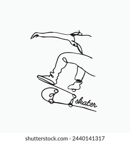 Continuous line drawing of man playing skateboard. Skateboard game player one line drawing