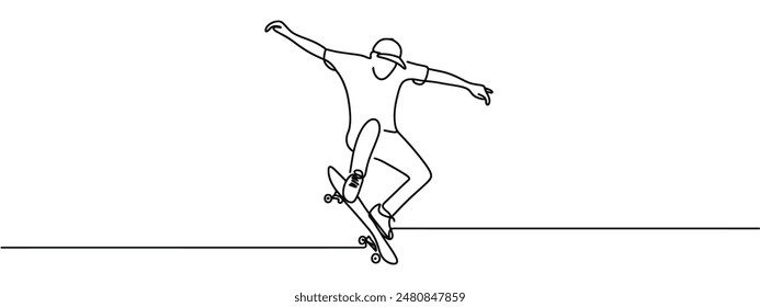 Continuous line drawing of man playing skateboard. Skateboard game player one line drawing.
