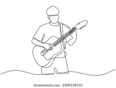 Dibujo de línea continua de un hombre tocando una guitarra acústica clásica. Muestra el instrumento de música en un diseño minimalista.