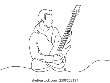 Continuous line drawing of a man playing an electric guitar. Depicts the music instrument in a minimalist hand-drawn vector style.