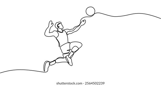 Continuous line drawing of a man playing volleyball, showcasing athleticism and teamwork. Minimalist design for sports and fitness. Vector illustration hand drawn.