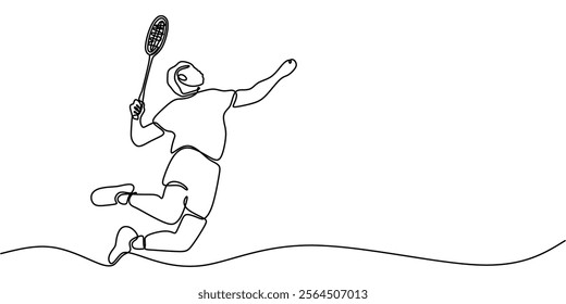 Continuous line drawing of a man playing badminton, illustrating athleticism and competitive spirit. Minimalist design for sports and healthy living. Vector illustration hand drawn.