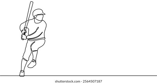 Continuous line drawing of a man playing baseball, showcasing athleticism and concentration in sport. Minimalist design for fitness and health. Vector illustration hand drawn.