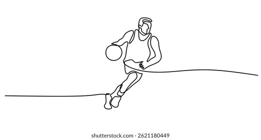 Continuous Line Drawing Man Playing Basketball. Sports Action Minimalist Vector Illustration Art.