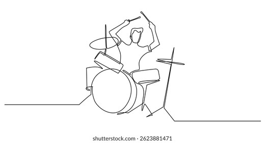 desenho de linha contínua de homem tocando bateria.one desenho de linha de homem tocando bateria em música performance.one linha vetor ilustration.alone fundo branco isolado.