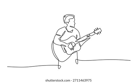 Dibujo de línea continua de un hombre tocando la guitarra Acústica. Boceto dibujado a mano de una actuación musical. Símbolo de Ilustración vectorial de un concierto o canción en vivo.