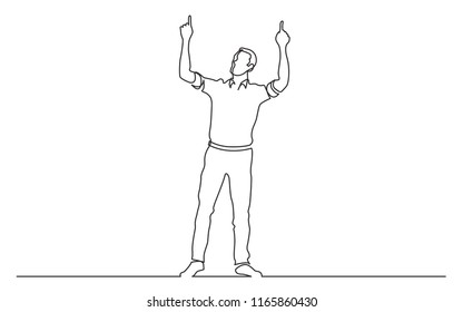 continuous line drawing of man pointing at blank banner