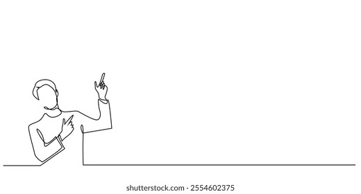 continuous line drawing of a man pointing up.one line drawing of a man pointing up with a finger.single line vector illustration of advertising.isolated white background